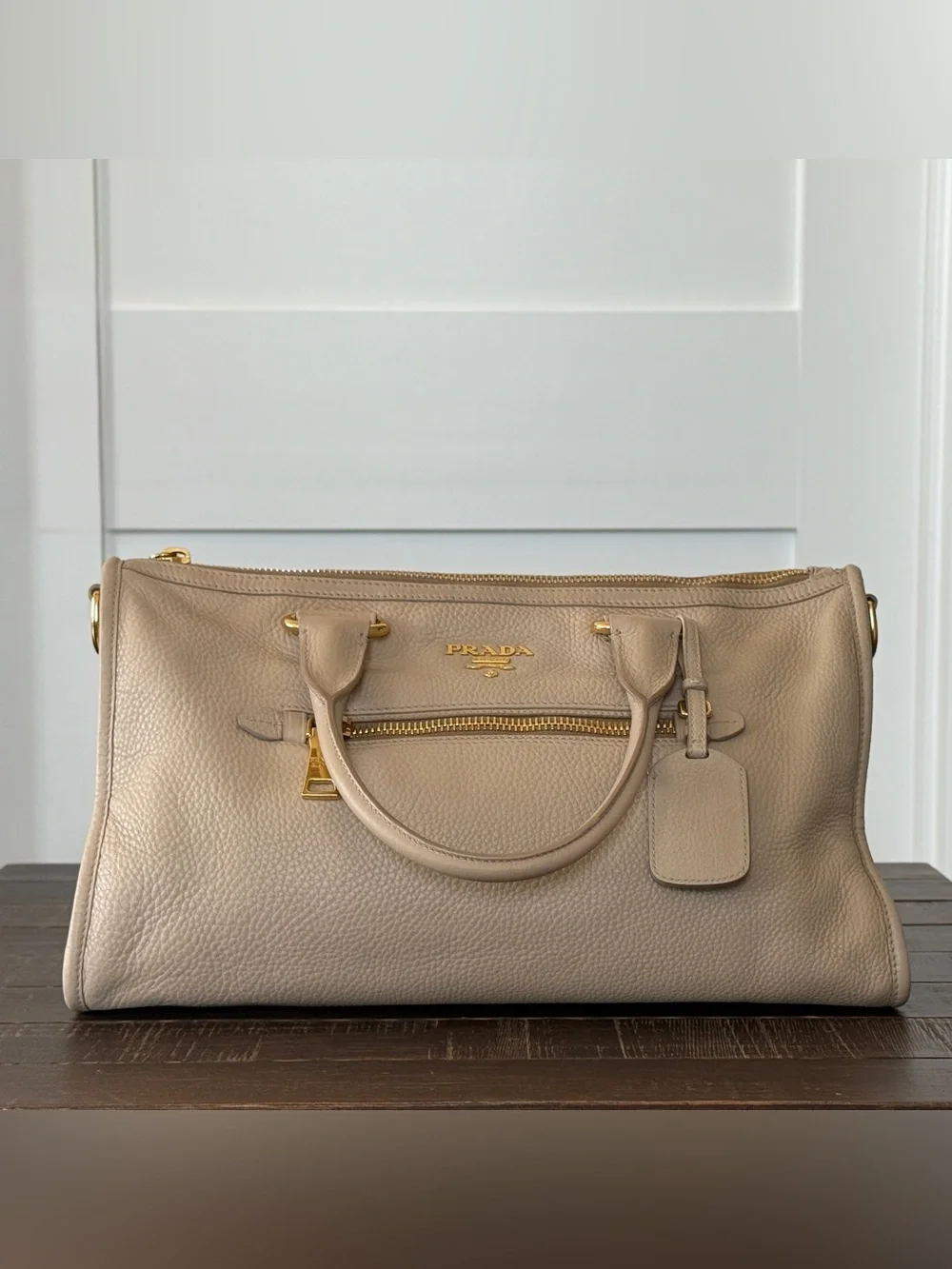Prada Beige Pebbled Leather Satchel with Gold Hardware